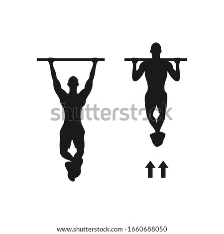 Male pull up workout steps silhouette. Man hanging on pull up bar. Gym workout. Healthy sport excercise. Calisthenics body building activity - Simple icon sign or symbol vector illustration.