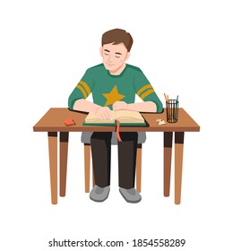 Male pupil sitting at table and doing homework. Vector schoolboy reading open book, glass with pens and pencils stationery on desk. Smart young student studying at home, distance learning