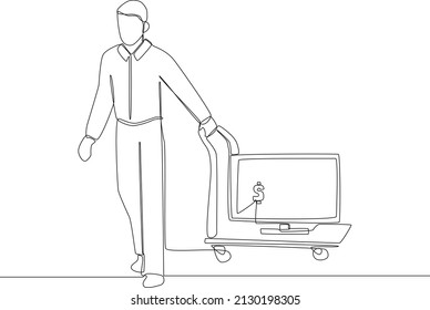 Male is pushing his groceries after buying television at a market. Simple continuous line drawing illustration of trading company. Vector illustration.