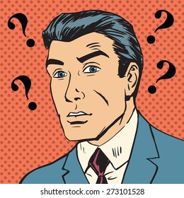 Male question marks misunderstanding Enigma Emotional reaction men pop art comics retro style Halftone. Imitation of old illustrations