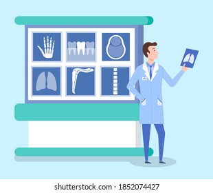 Male radiologist doctor wearing medical uniform watching a snapshot of a person’s lungs in clinic room where various surveys of people are carried out. Doctors conduct examinations in hospital