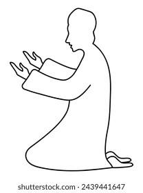 A male raises both hands up in prayer. Sketch. A man in a long shirt and a Muslim cap on his head kneels and turns to Allah. Vector illustration. Doodle style. Congratulations on Ramadan. 