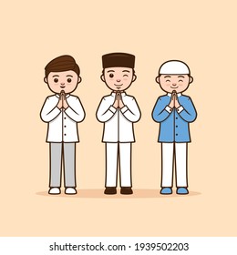 Male ramadhan character illustration thanking, greeting, apologize, farewell pose with respect by using two hand palms splice together 