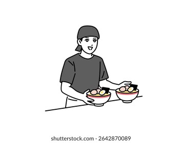 A male ramen shop attendant serving ramen
