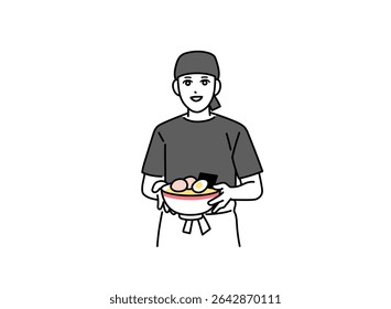 A male ramen shop attendant serving ramen
