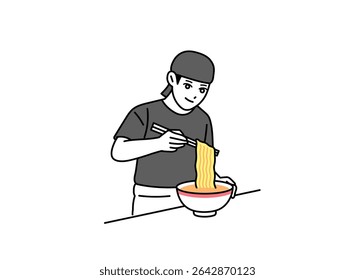 A male ramen shop employee arranging the noodles