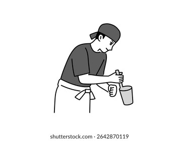 A male ramen shop employee draining the water from ramen