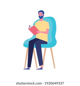 male reader reading book seated in chair character vector illustration design