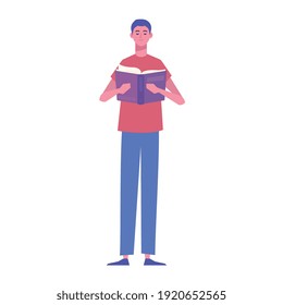 male reader reading book standing character vector illustration design