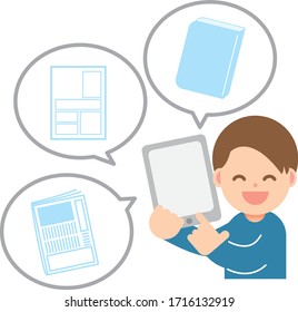 male reading an e-book with a smile