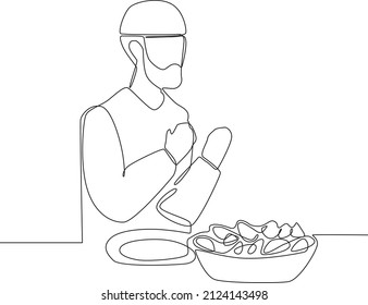 Una intención de lectura masculina antes de Saur y lista para ayunar en el fondo blanco y negro. Línea simple. Ramadán. Saur. Ilustración vectorial.