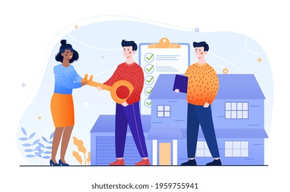 Male real estate agent gives a giant key to buyers. Young couple bought or rented big house. Concept of real estate agency deal. Man and woman are new house owners. Flat cartoon vector illustration