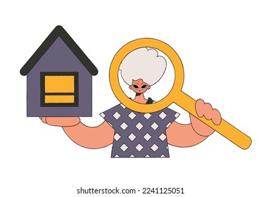 Male real estate agent holding a house and a magnifying glass. House ownership.