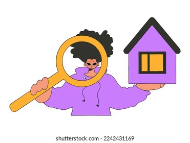 Male real estate agent holding a house and a magnifying glass. Real estate home property.