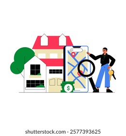 Male Real Estate Agent With House Key And Smartphone Map In Flat Vector Illustration Symbolizing Property Search, Navigation, And Buying, Isolated On White Background