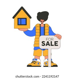 Male realtor holding a house. Selling and owning a house.