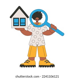 A male realtor holds a house and a magnifying glass in his hands. Selling and owning a house.