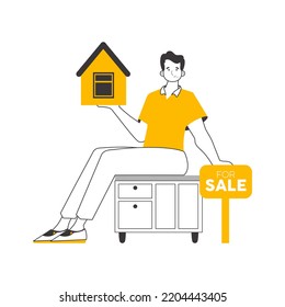Male realtor. Linear trendy style. Isolated. Vector illustration.