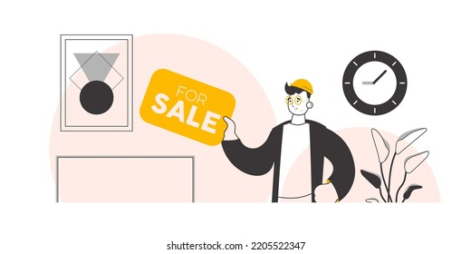 Male realtor. Linear trendy style. Vector illustration.