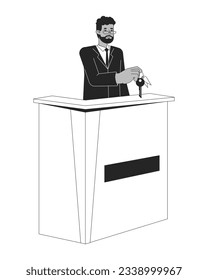 Male receptionist at hotel front desk flat line black white vector character. Editable outline full body person. Motel check in simple cartoon isolated spot illustration for web graphic design