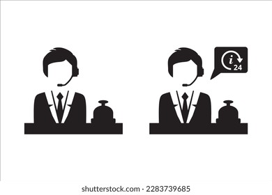 Male receptionist icon. Man hotel customer service vector icons. Help and information call center sign. Front officer desk waiter symbol. Stock illustration.