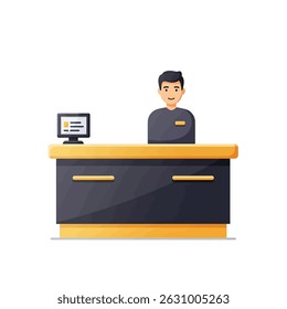 Male receptionist or service agent working behind a reception desk counter equipped with a computer and display monitor