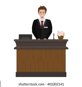 male receptionist standing at hotel reception desk cartoon vector