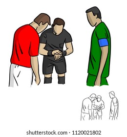 male referee tossing  a coin before the soccer game vector illustration sketch doodle hand drawn with black lines isolated on white background