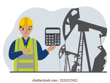 A male refinery engineer worker uses a tableted oil pumping unit. Energy industrial zone, oil drilling.