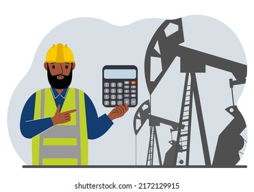 A male refinery engineer worker uses a tableted oil pumping unit. Energy industrial zone, oil drilling.