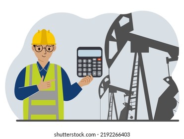 Ein männlicher Raffinerietechniker verwendet eine Ölpumpenanlage mit Tisch. Industrieregionen, Ölbohrungen. Vektorgrafik