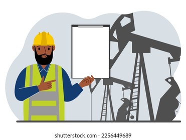 A male refinery engineer worker uses a tableted oil pumping unit. Energy industrial zone, oil drilling. Vector flat illustration