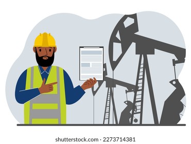 A male refinery engineer worker uses a tableted oil pumping unit. Energy industrial zone, oil drilling. Vector flat illustration