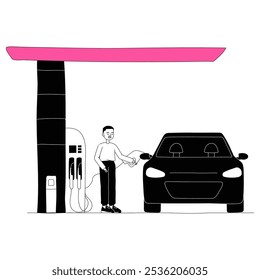 Coche De Repostaje Masculino En La Gasolinera En Ilustración vectorial Plana Que Simboliza Combustible, Energía Y Transporte, Aislado Sobre Fondo Blanco