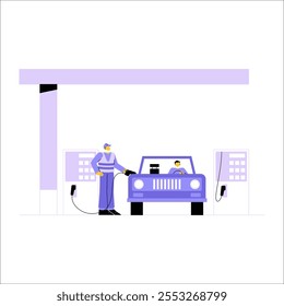 Coche De Repostaje Masculino En La Gasolinera En Ilustración vectorial Plana Que Simboliza La Energía, El Suministro De Combustible Y El Transporte, Aislado Sobre Fondo Blanco.