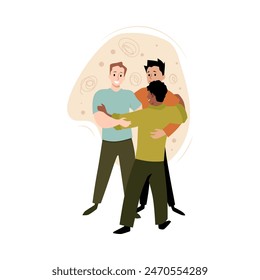 Male relationships. Vector art showing a group hug among men, emphasizing unity and working relationships. Simple drawing on a white isolated background.