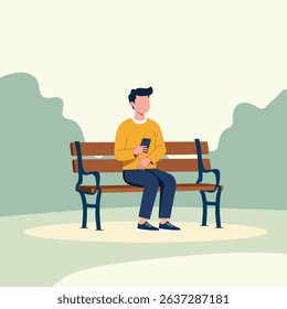 A male is relaxing on park bench with smartphone on the calm color background