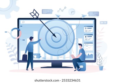 Gerente de remarketing masculino y especialista en hombres caucásicos ponen anuncios dirigidos. Estrategia de remarketing, herramienta de marketing digital, concepto de metodología de generación de visitantes. Ilustración vectorial de estilo de moda