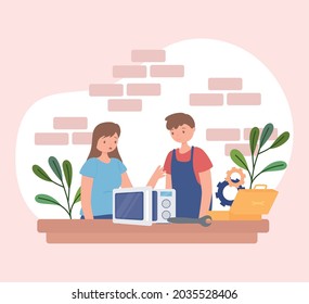 male repairing microwave appliance cartoon
