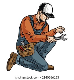 Male repairman in cap and overalls wearing tool belt around waist crouching and using wrench in colorful vintage style, vector illustration