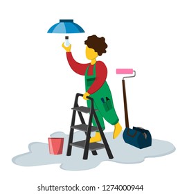 A male repairman fixes a light bulb while standing on a stepladder. Illustration in flat style