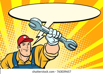 Male repairman with a wrench says comic book bubble. Comic book cartoon pop art retro vector illustration drawing