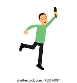 Male reporter character runnung with a raised microphone, journalist doing report vector Illustration
