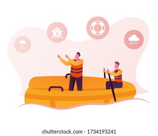 Male Rescues Characters Wearing Life Vest Floating on Inflatable Boat with Icons of Umbrella, Raining Cloud, Lifebuoy and House in Water. Help Injured People during Flood. Cartoon Vector Illustration