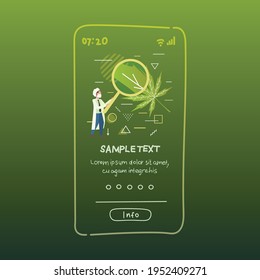 investigador masculino que usa una lupa para comprobar la calidad de la marihuana de la farmacia de atención de la salud concepto médico de cannabis pantalla de smartphone aplicación de copia de longitud completa espacio