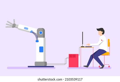male researcher in white clothes program a hand robot in his computer. Artificial intelligence science. Flat style vector illustration