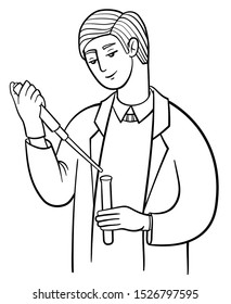 Male researcher works in laboratory. Scientist in white coat at work, conducts an experiment: holds a test tube and filling it with liquid. Vector outline illustration drawings on a white background