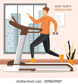 Male resolutions in the next new year are to start exercising regularly by following the gym program. Vector colorful illustration. New year resolution.