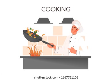 Male restaurant chef in white uniform cooking meal on the kitchen. Chef holding a frying pan. Delicious food for guest. Chef at the stove. Vector illustration in cartoon style