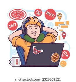 Male resting near computer, waiting for pizza delivery. Concept of electronic commerce benefits. Process of making purchases online. Shopping online on website. Vector flat illustration